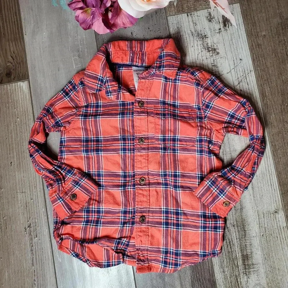 Carter's Baby Toddler Boy Coral Orange and Blue Plaid Flannel Size 18m NWOT